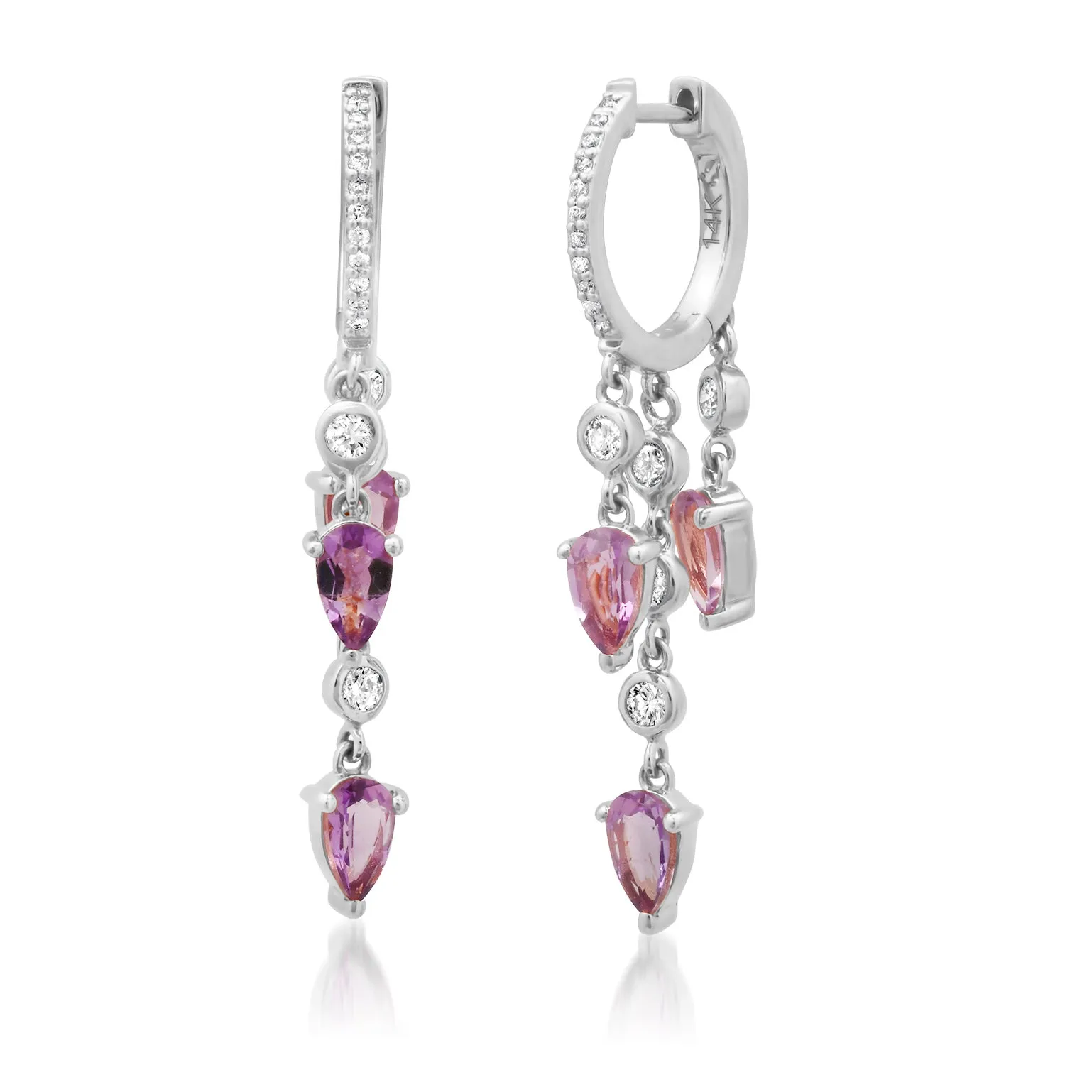 Amethyst & Bezel Diamond Shaker Drop Huggie Hoop Earrings