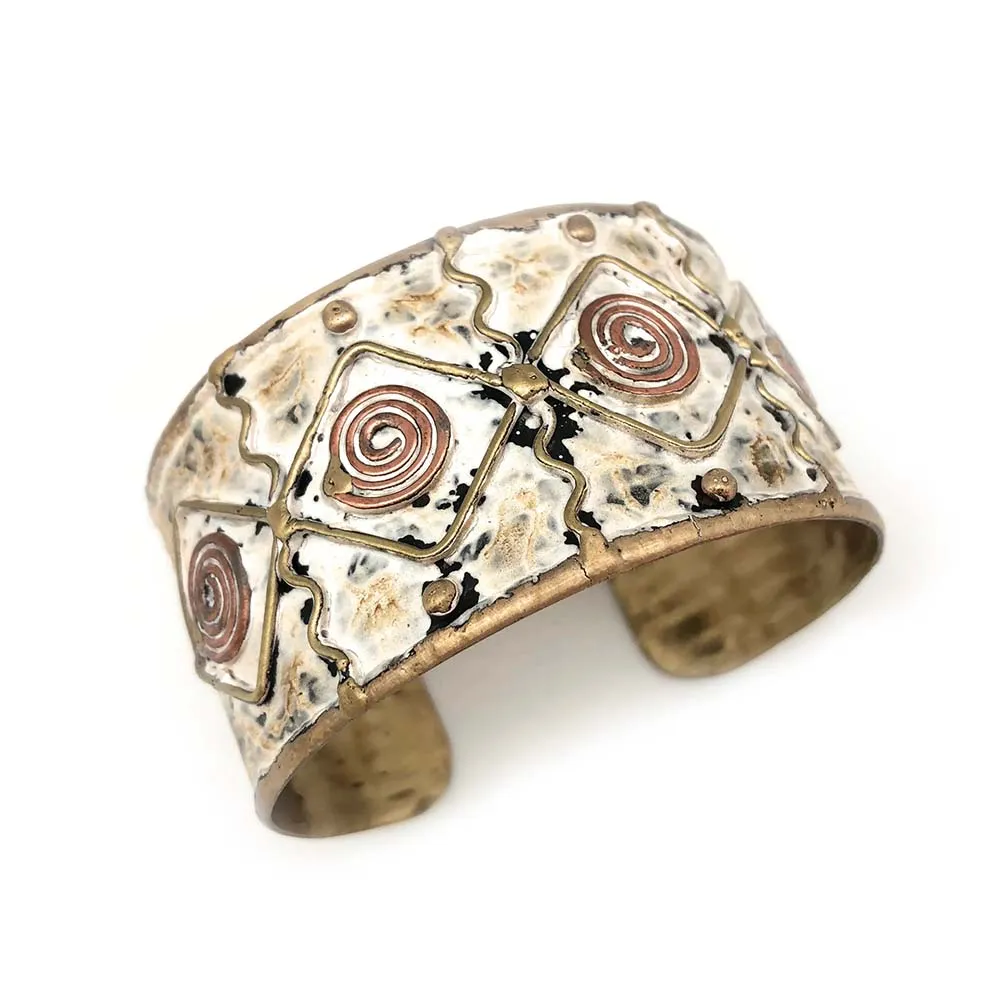 Anju Brass Patina Cuff Bracelet in White Diamond With Spiral