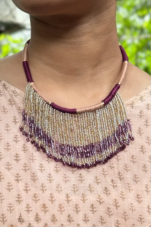 Antarang-  Jamun Phool(Wine),  Jumki Bead Choker,  100% Cotton.  Hand Made By Divyang Rural Women.