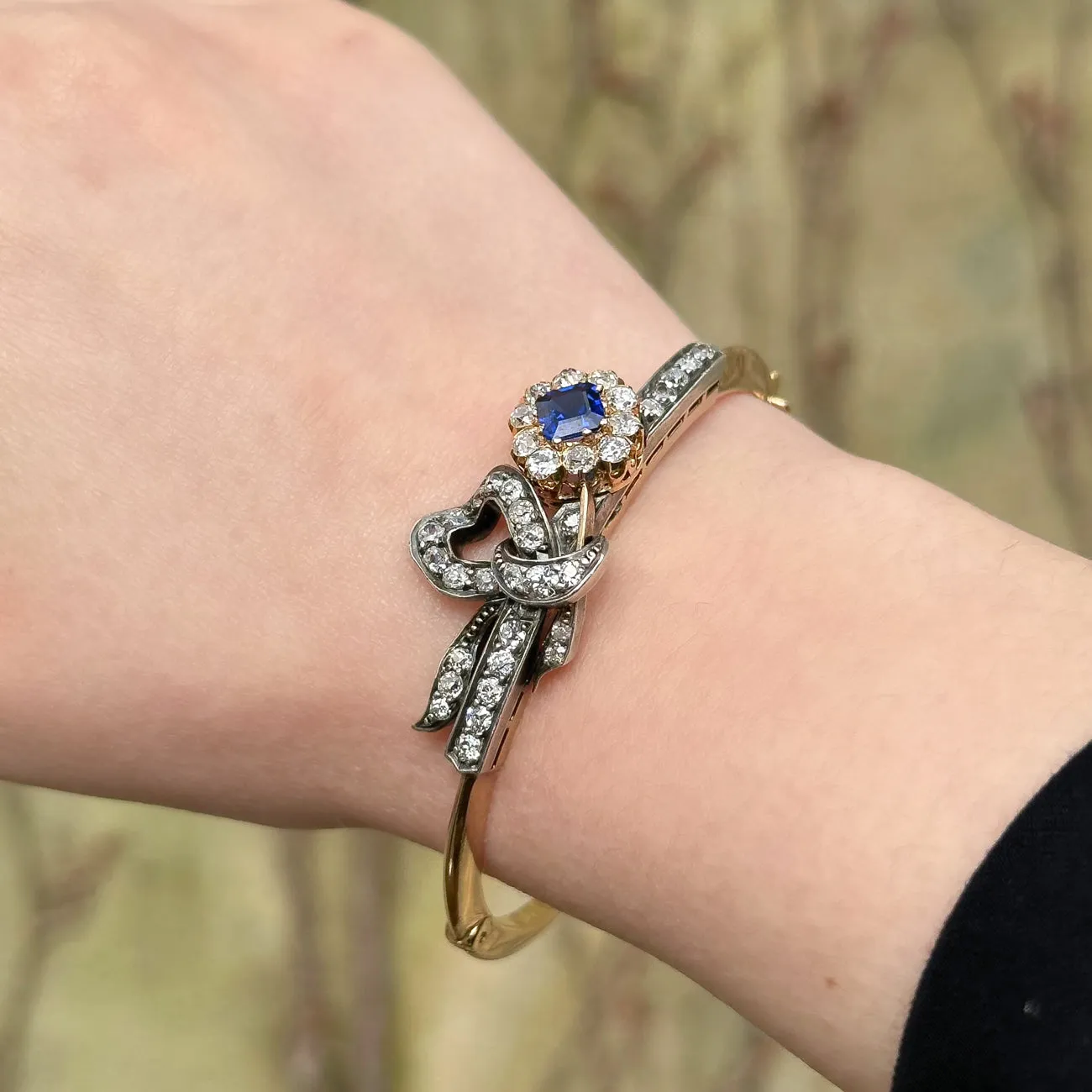 Antique Edwardian Sapphire Diamond Flower Bangle 0.85ct Sapphire