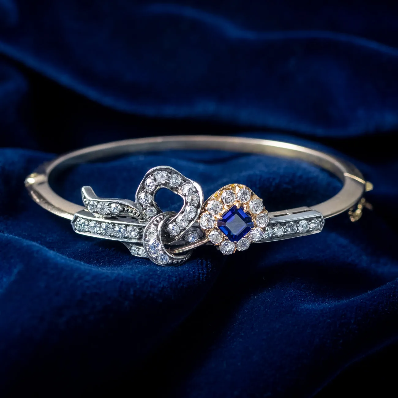 Antique Edwardian Sapphire Diamond Flower Bangle 0.85ct Sapphire