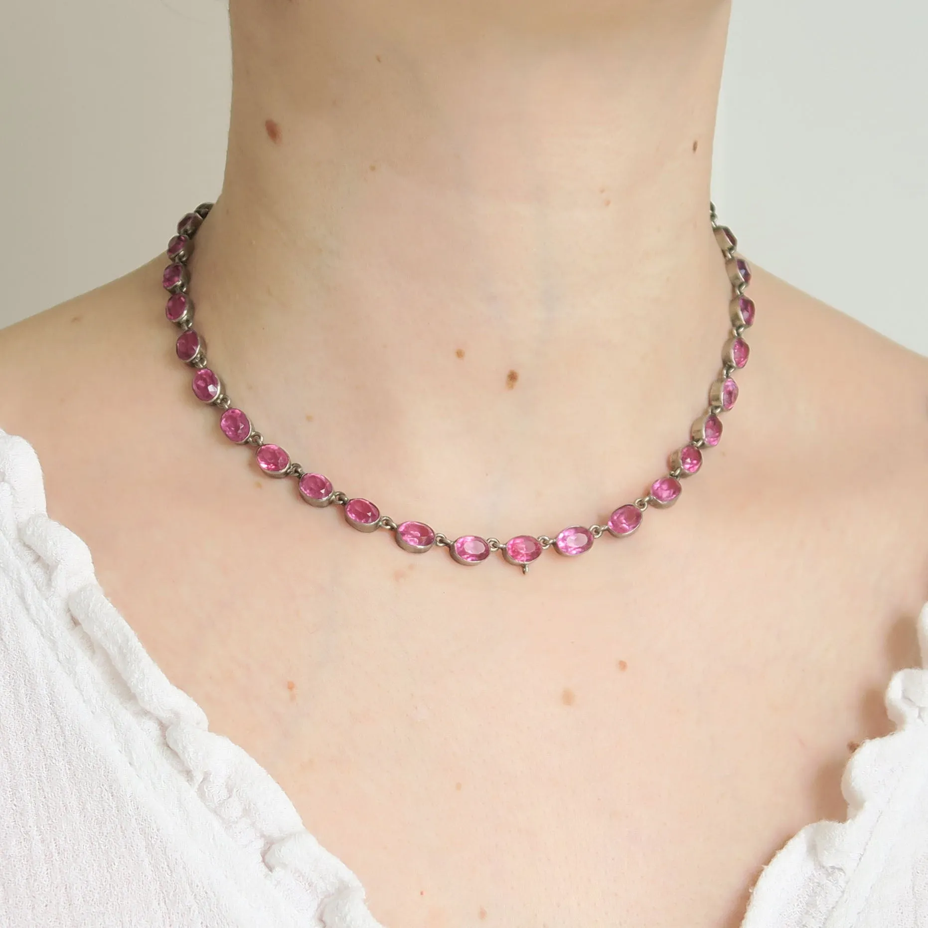 Antique Victorian Silver Pink Paste Riviere Necklace