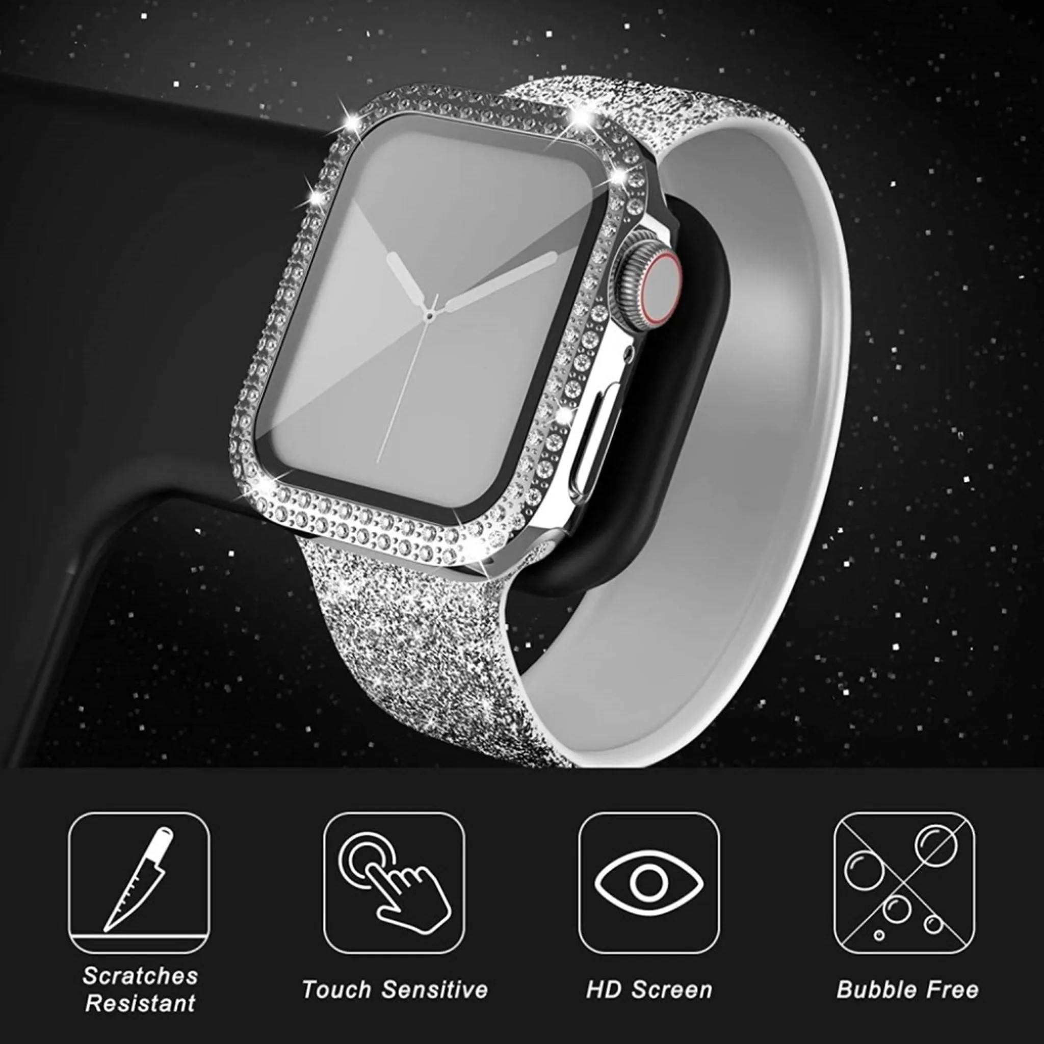 Apple Watch 44mm rhinestone décor cover   tempered glass - Silver