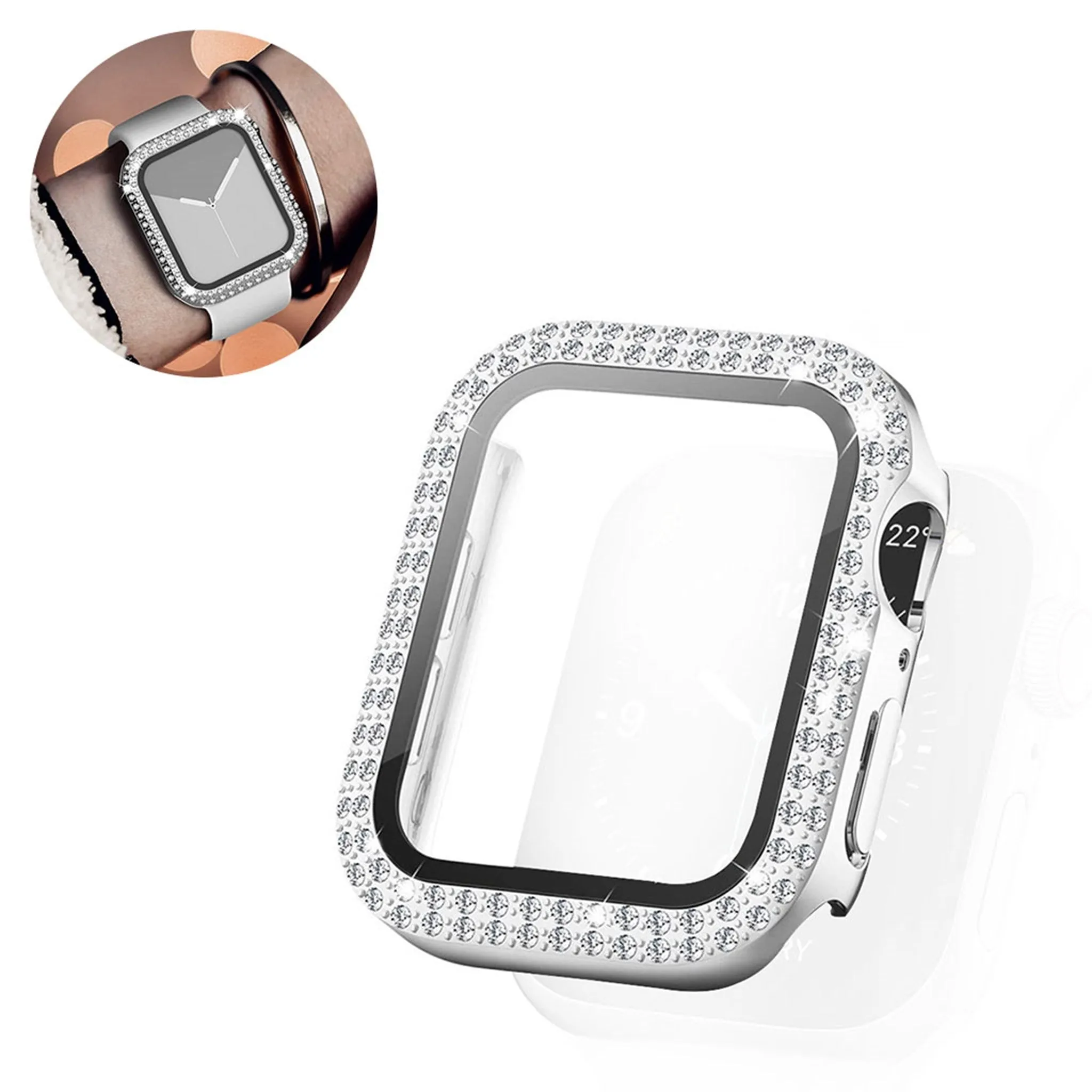 Apple Watch 44mm rhinestone décor cover   tempered glass - Silver