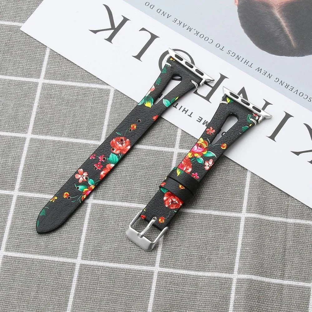 Apple Watch (45mm) top layer cowhide genuine leather watch strap - Red Flower