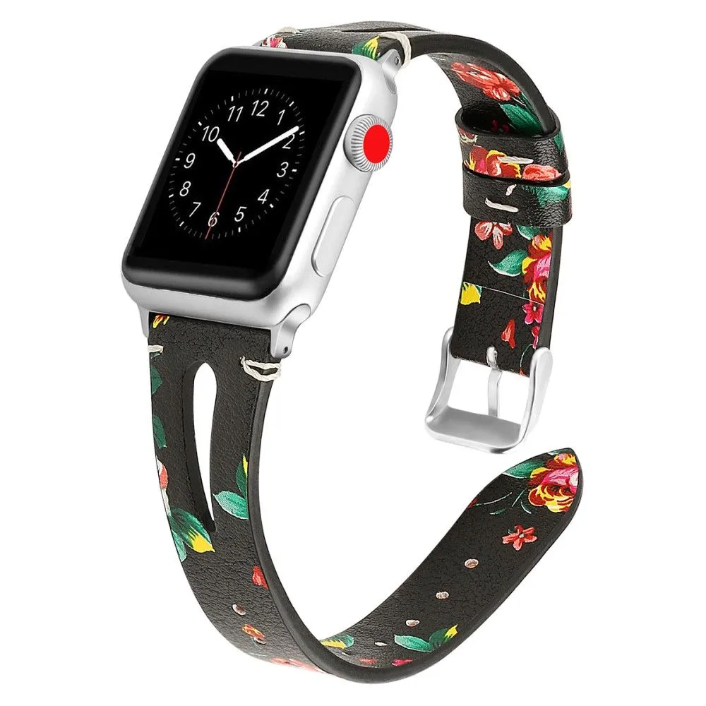 Apple Watch (45mm) top layer cowhide genuine leather watch strap - Red Flower