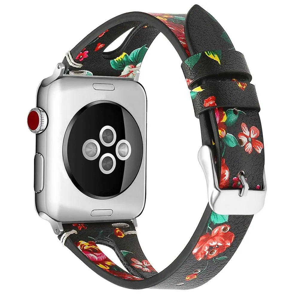 Apple Watch (45mm) top layer cowhide genuine leather watch strap - Red Flower