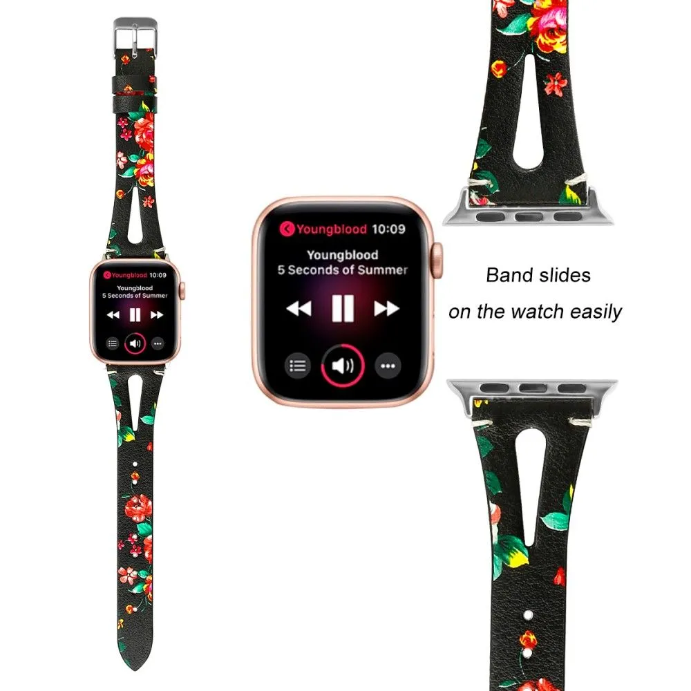 Apple Watch (45mm) top layer cowhide genuine leather watch strap - Red Flower