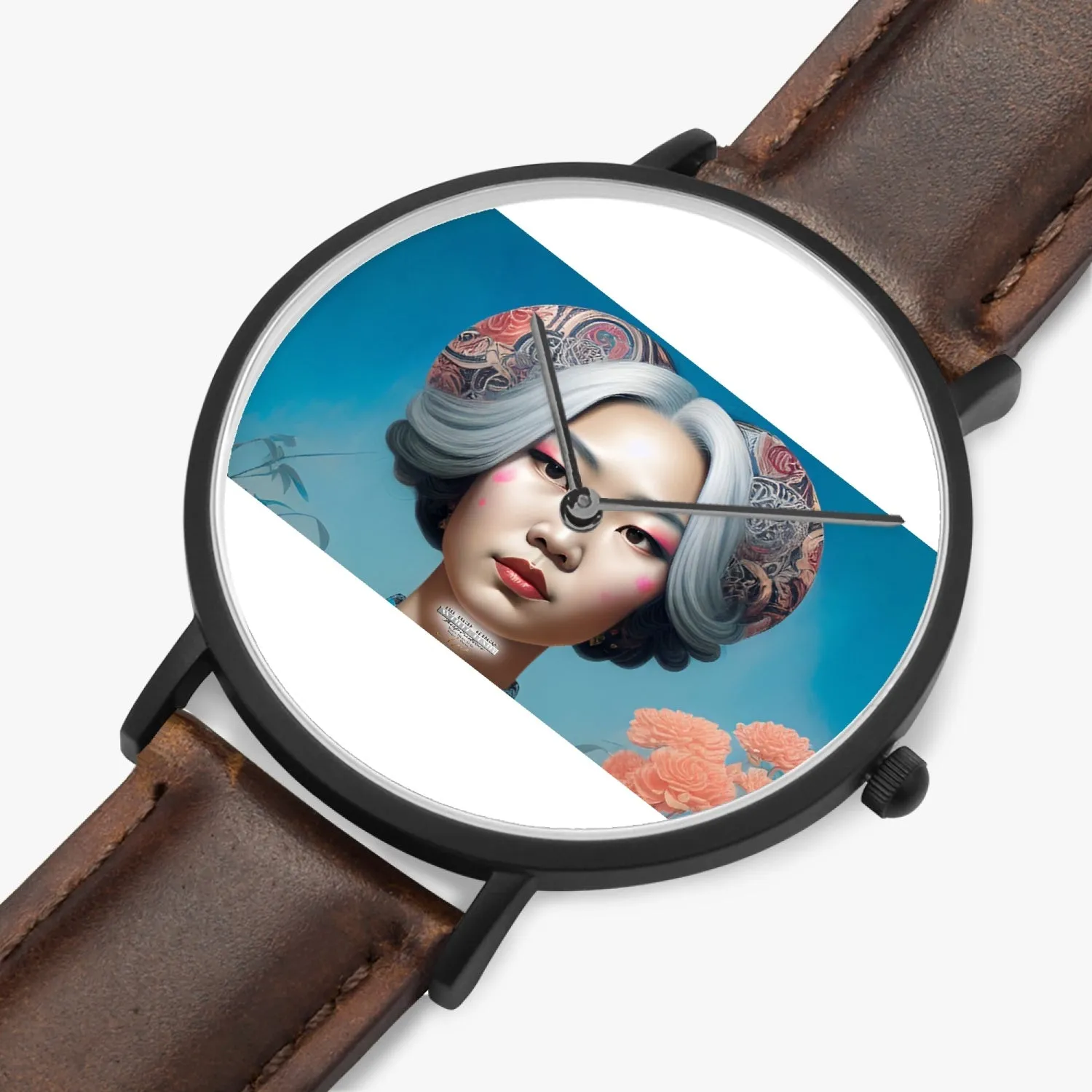 Asian woman clock face  Silver grey white hair inspiration Selling Ultra-Thin Leather Strap Quartz Watch (Black)