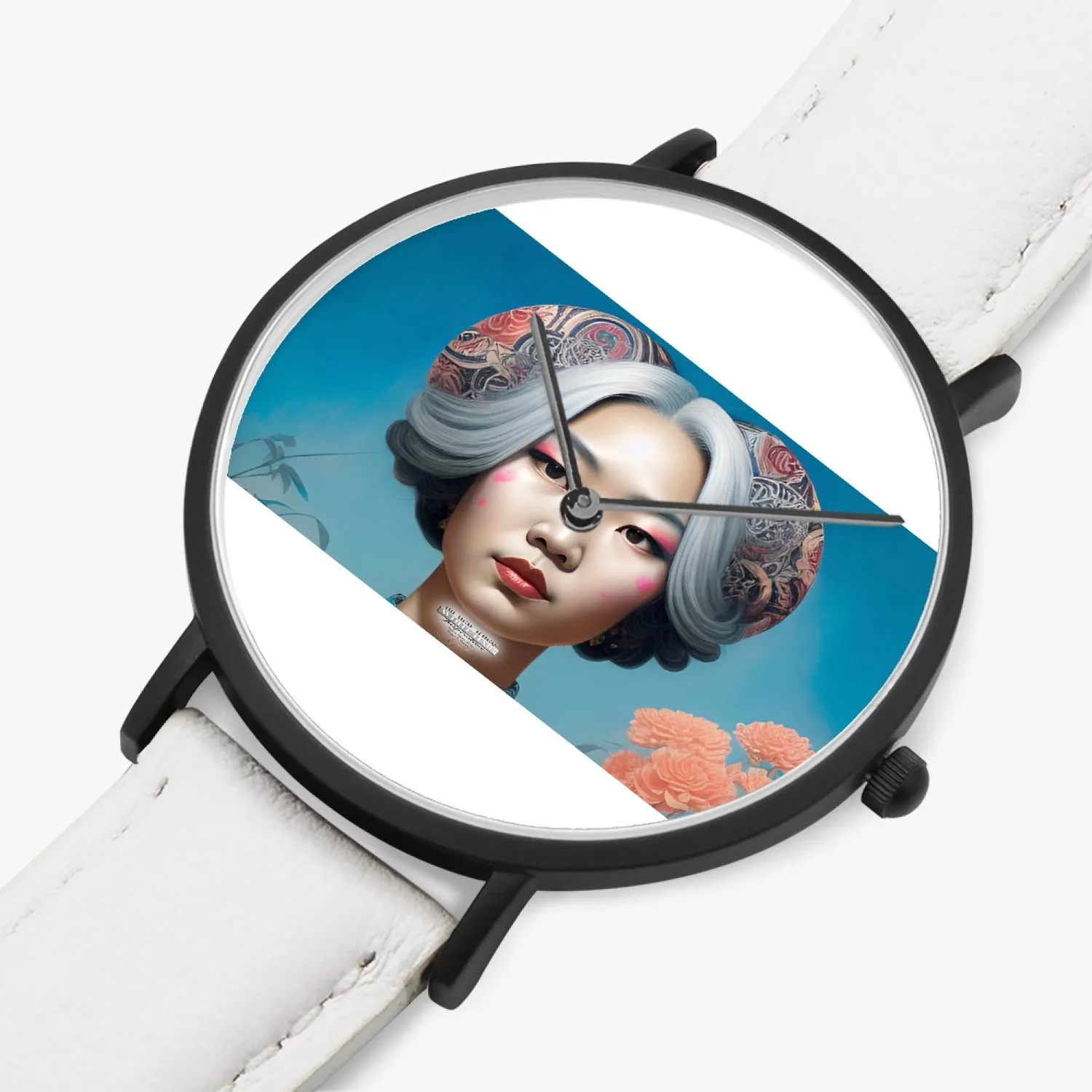 Asian woman clock face  Silver grey white hair inspiration Selling Ultra-Thin Leather Strap Quartz Watch (Black)