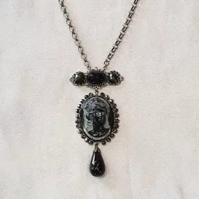 Askew London Black Glass Cameo pendant necklace  Silver Chain Signed