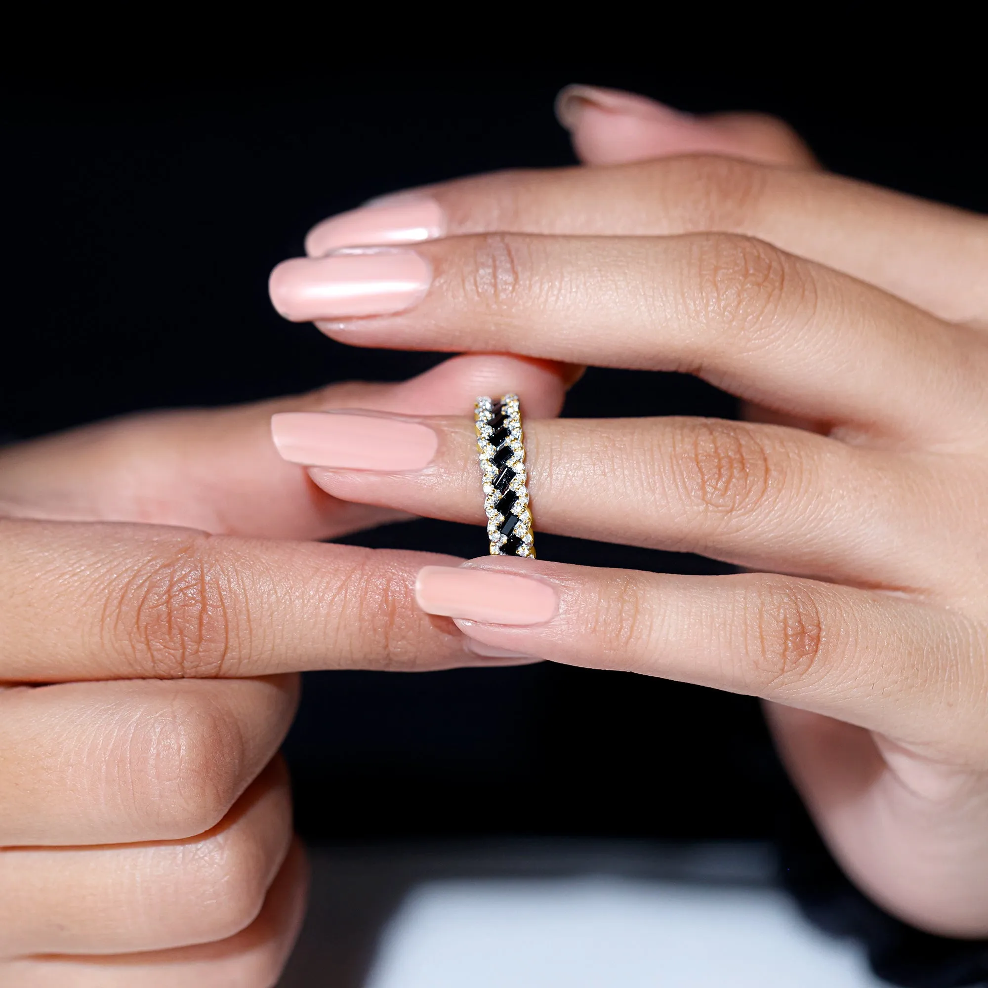 Baguette Created Black Diamond and Diamond Braided Half Eternity Band Ring