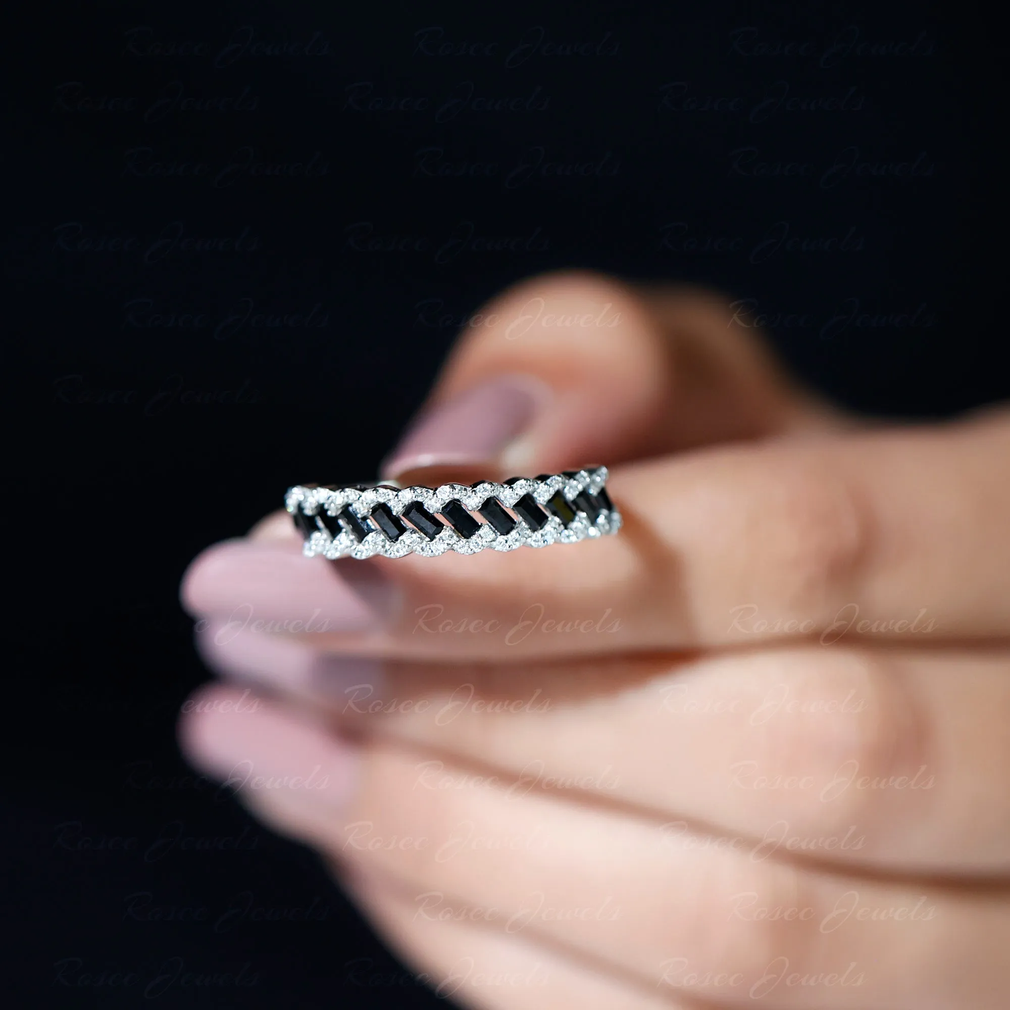 Baguette Created Black Diamond and Diamond Braided Half Eternity Band Ring