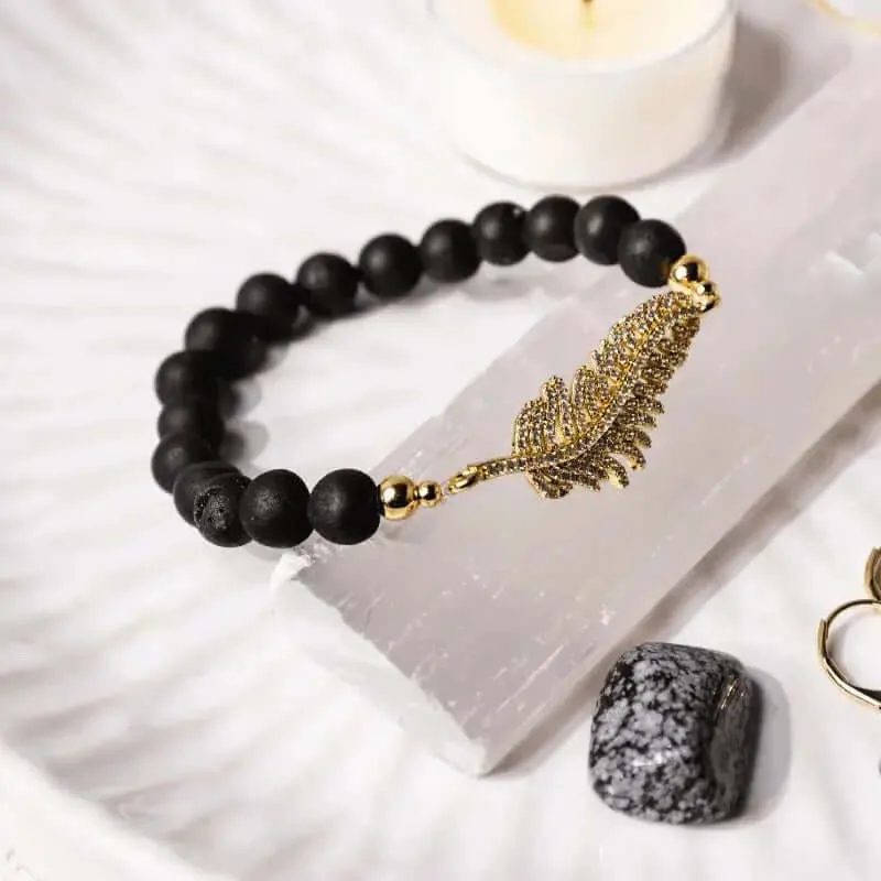 Beaded Stretch Leaf Bracelet - Druzy Black Agate