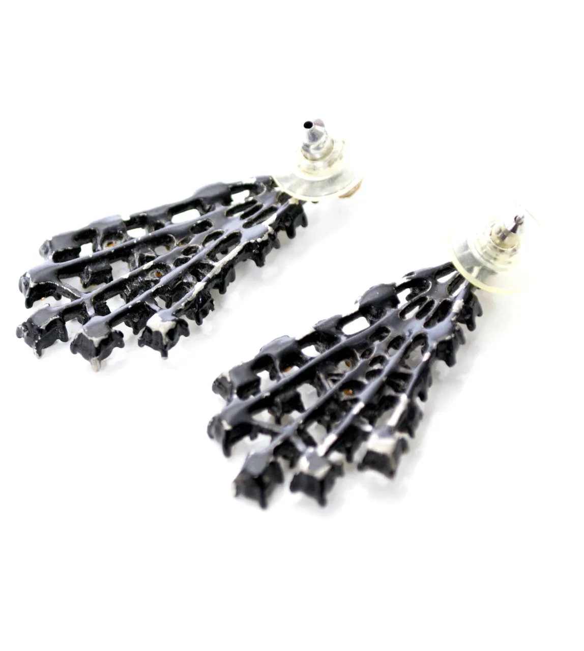 Black Fan Shaped Rhinestone Pierced Vintage Earrings Jackets