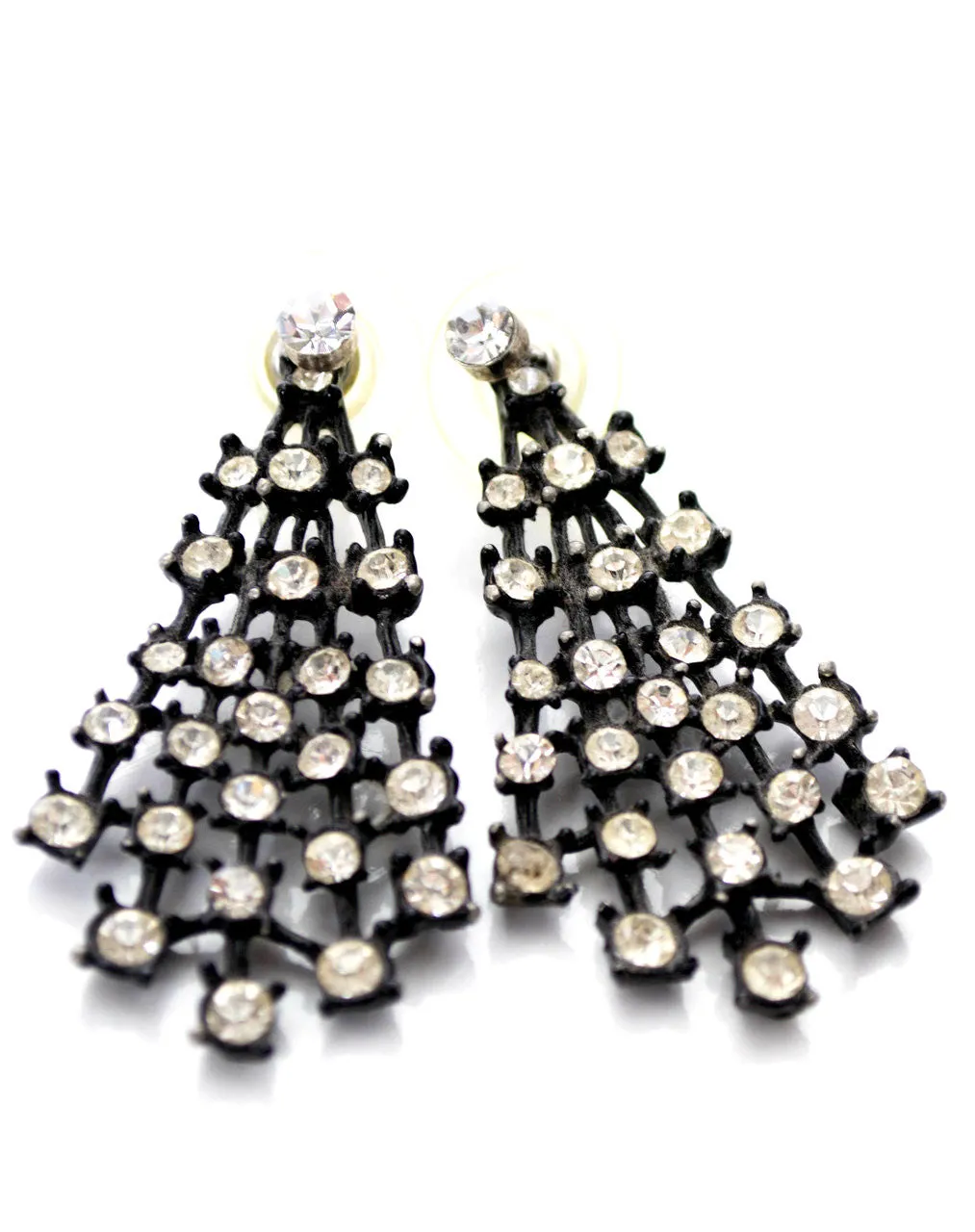 Black Fan Shaped Rhinestone Pierced Vintage Earrings Jackets