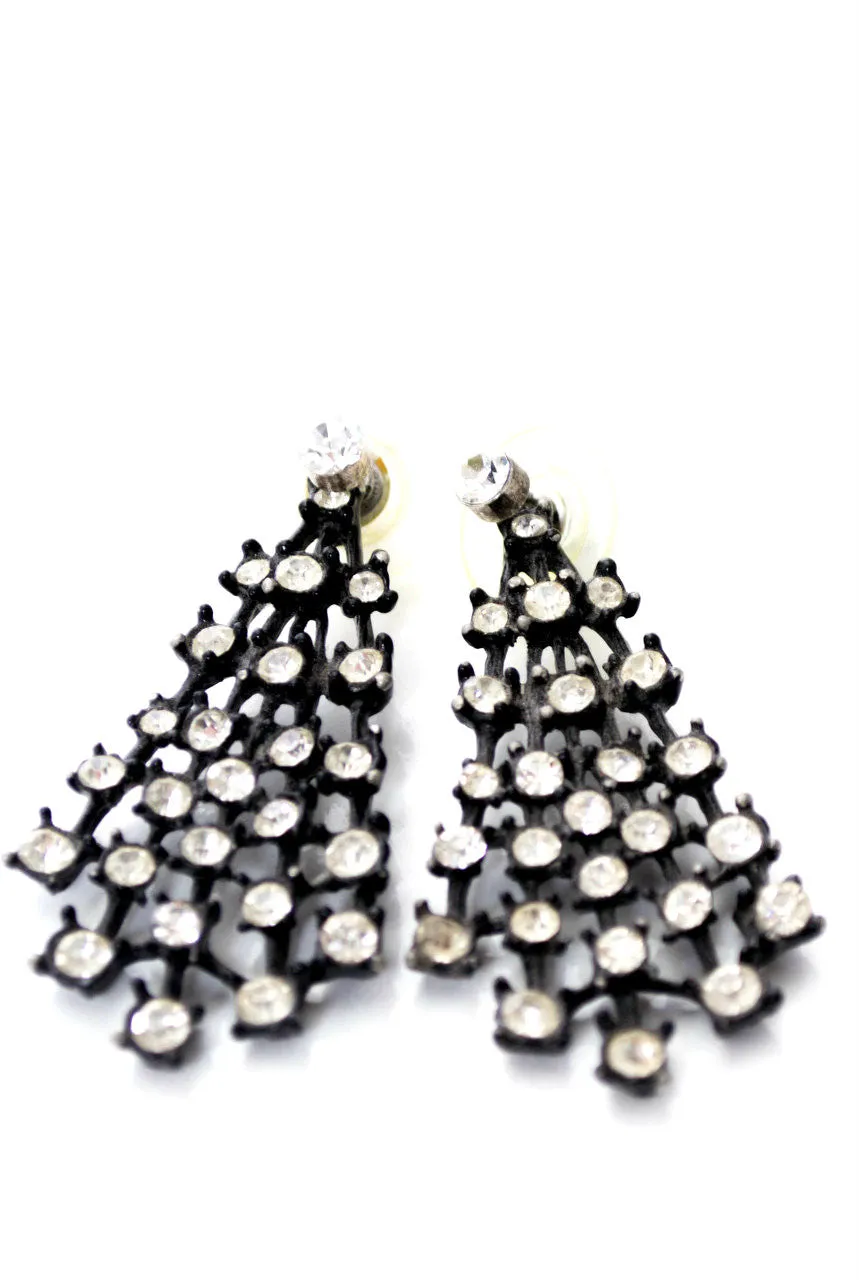 Black Fan Shaped Rhinestone Pierced Vintage Earrings Jackets