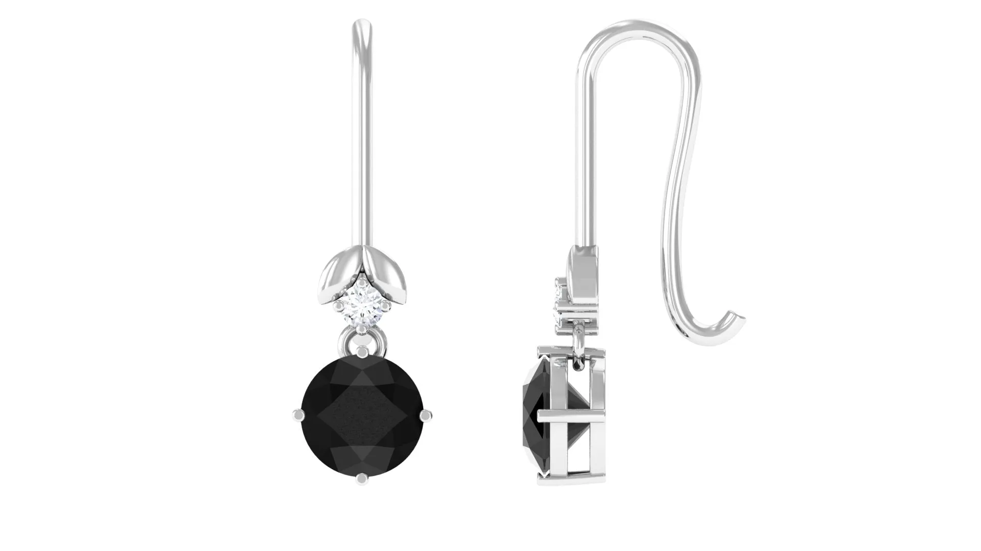 Black Onyx Fish Hook Earrings with Diamond