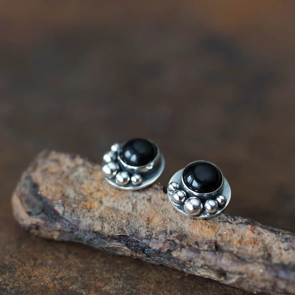 Black Onyx Studs, Round Cabochon Earrings With Silver Dots