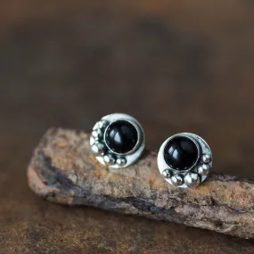 Black Onyx Studs, Round Cabochon Earrings With Silver Dots