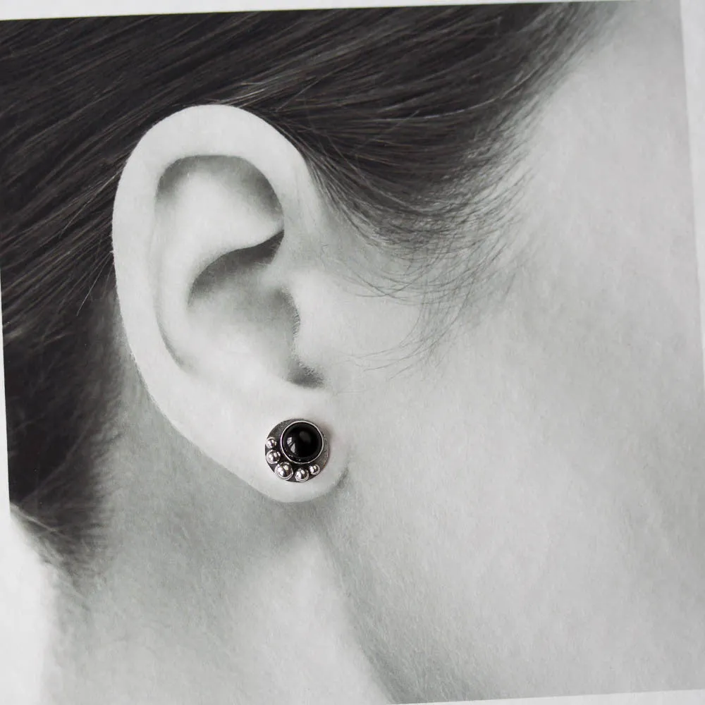 Black Onyx Studs, Round Cabochon Earrings With Silver Dots