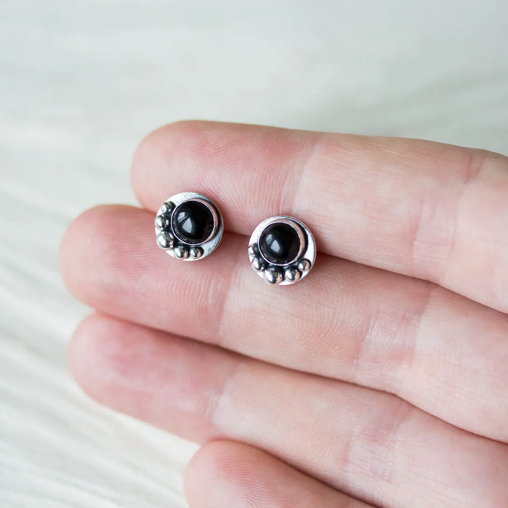 Black Onyx Studs, Round Cabochon Earrings With Silver Dots