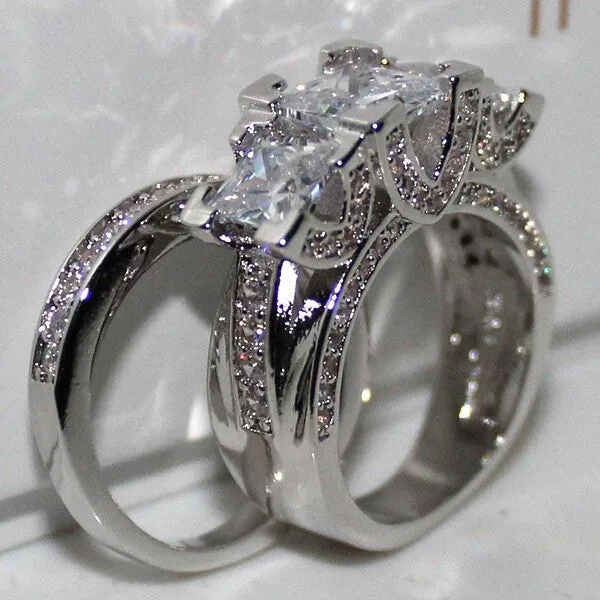 Bling Silver Square Paved Three-stone Wedding Ring Set