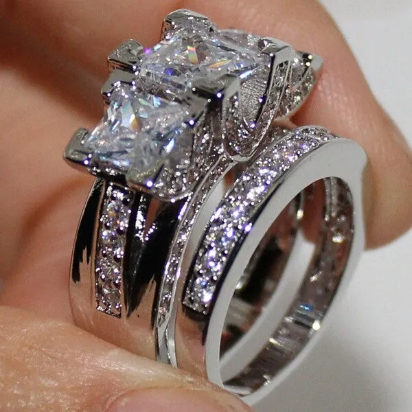 Bling Silver Square Paved Three-stone Wedding Ring Set