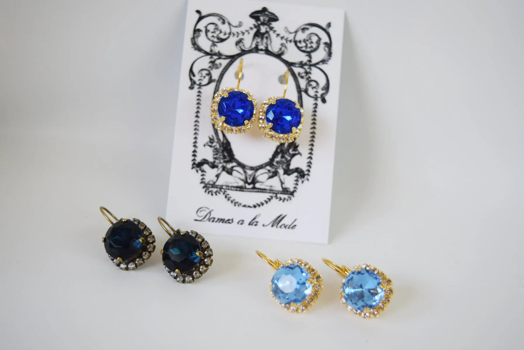 Blue Crystal Halo Earrings - Small Round