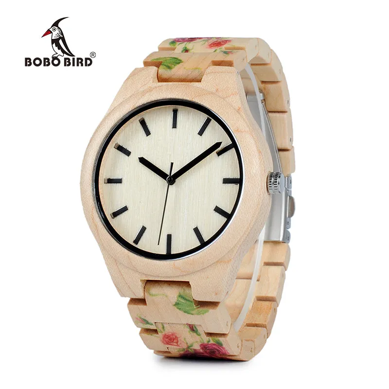 BOBO BIRD WL26 Strong Pine Wood Watches Brand Designer Watch for Men Women New UV Printing Flower Wooden Band Quartz Watch