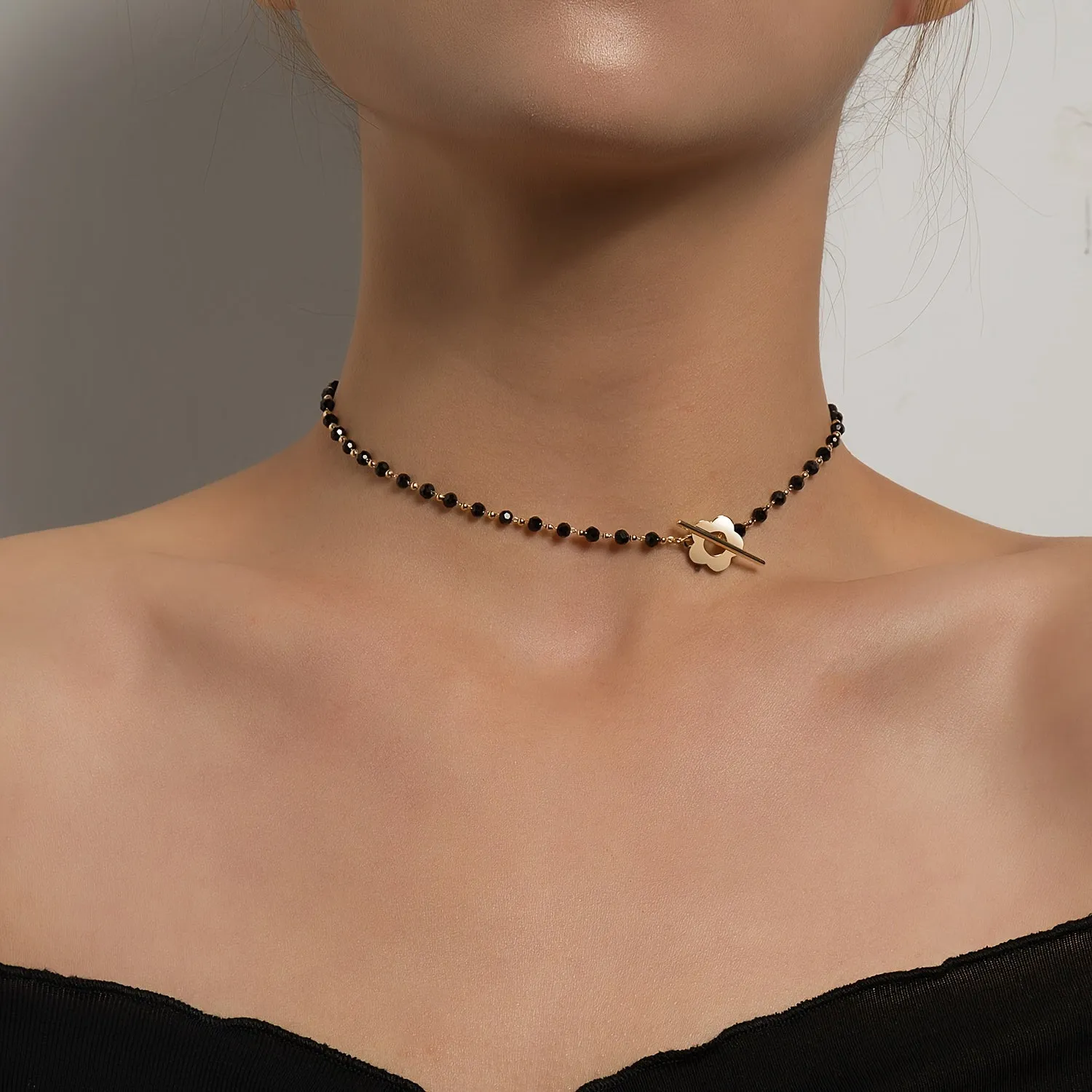 Bohemian Elegant Choker Necklace with Black Crystal Beads