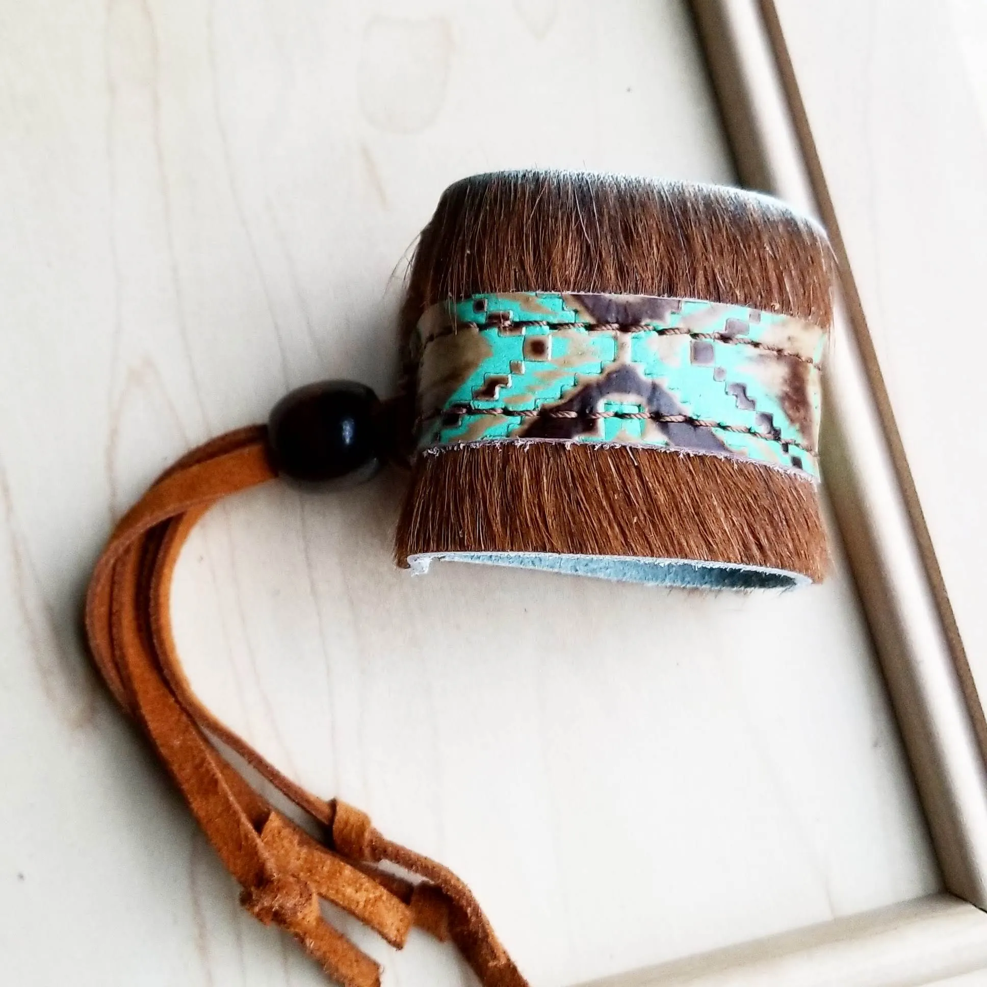 **Boho Cuff Bracelet w/ Leather, Navajo Turquoise, Hair on Hide (009z)