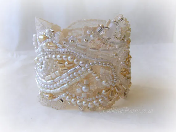 Bridal cuff bracelet lace crystal pearl  - ivory & cream