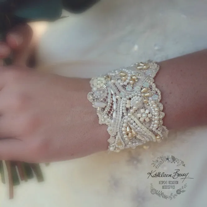 Bridal cuff bracelet lace crystal pearl  - ivory & cream