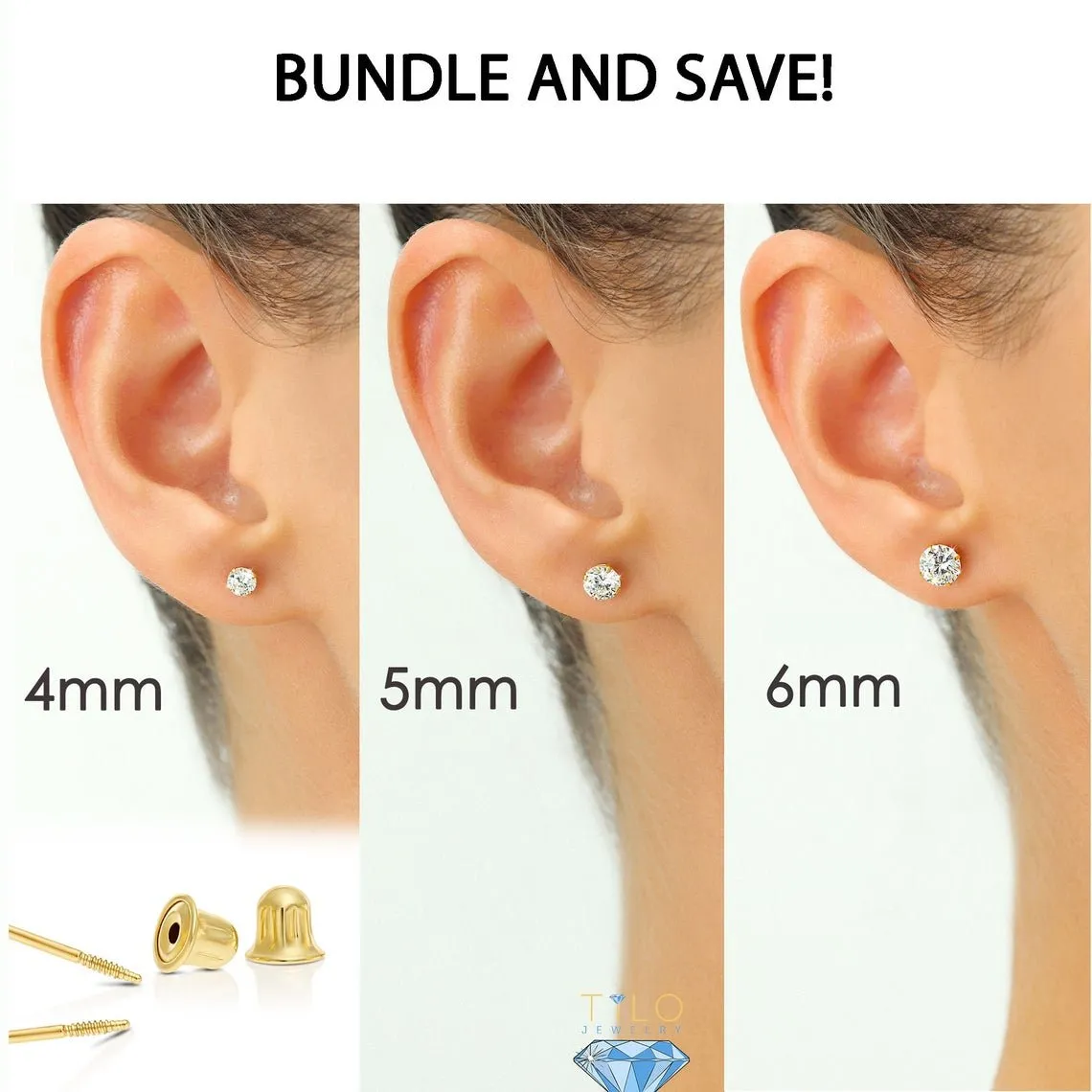 Bundle Set of 3! 10k Gold Classic Solitaire Stud Earrings, Screw-back