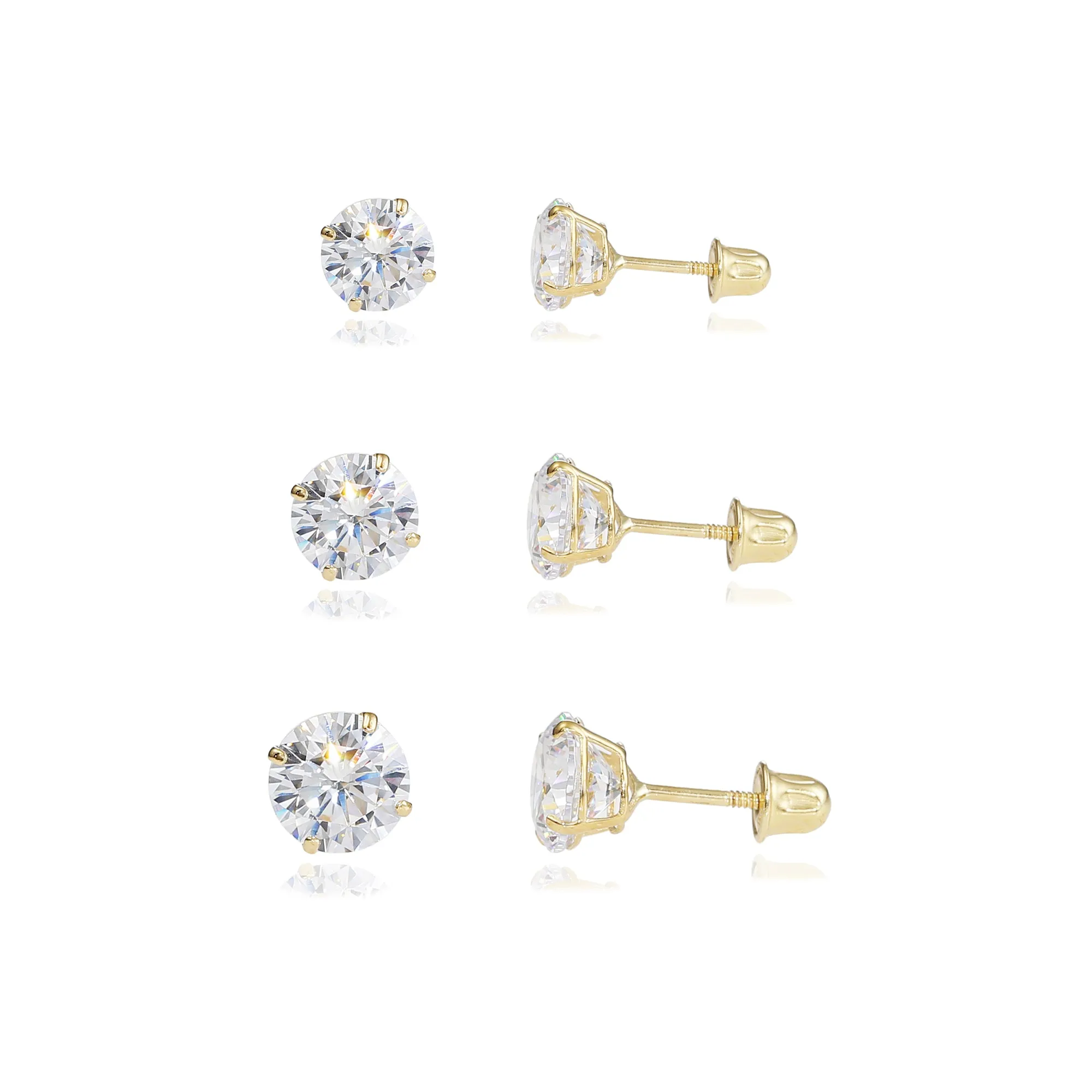 Bundle Set of 3! 10k Gold Classic Solitaire Stud Earrings, Screw-back