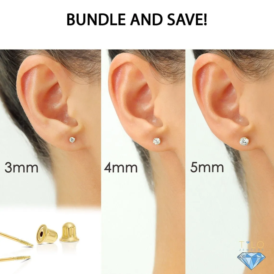 Bundle Set of 3! 10k Gold Classic Solitaire Stud Earrings, Screw-back