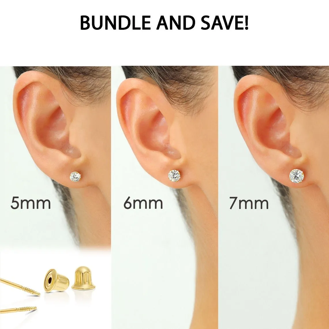 Bundle Set of 3! 10k Gold Classic Solitaire Stud Earrings, Screw-back