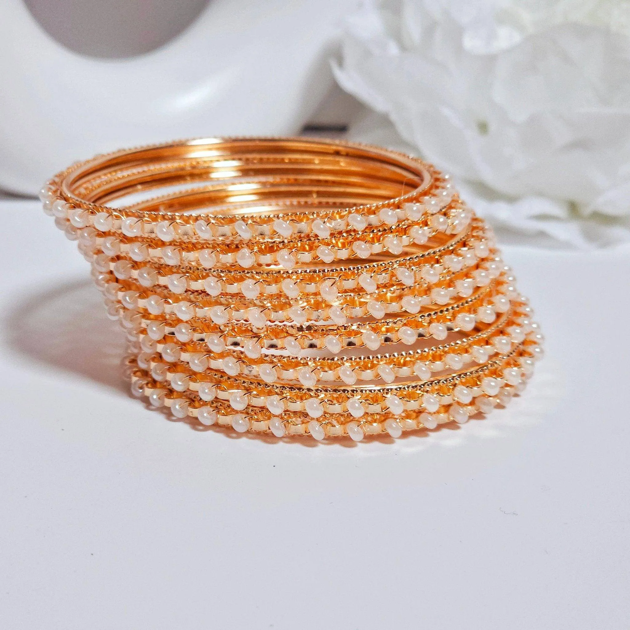 Cemal 8 pcs Rose Gold Pearl Bangle Set