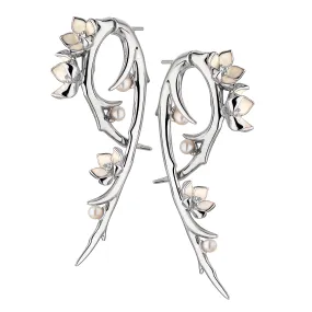 Cherry Blossom Hook Earrings - Silver, Diamond & Pearl