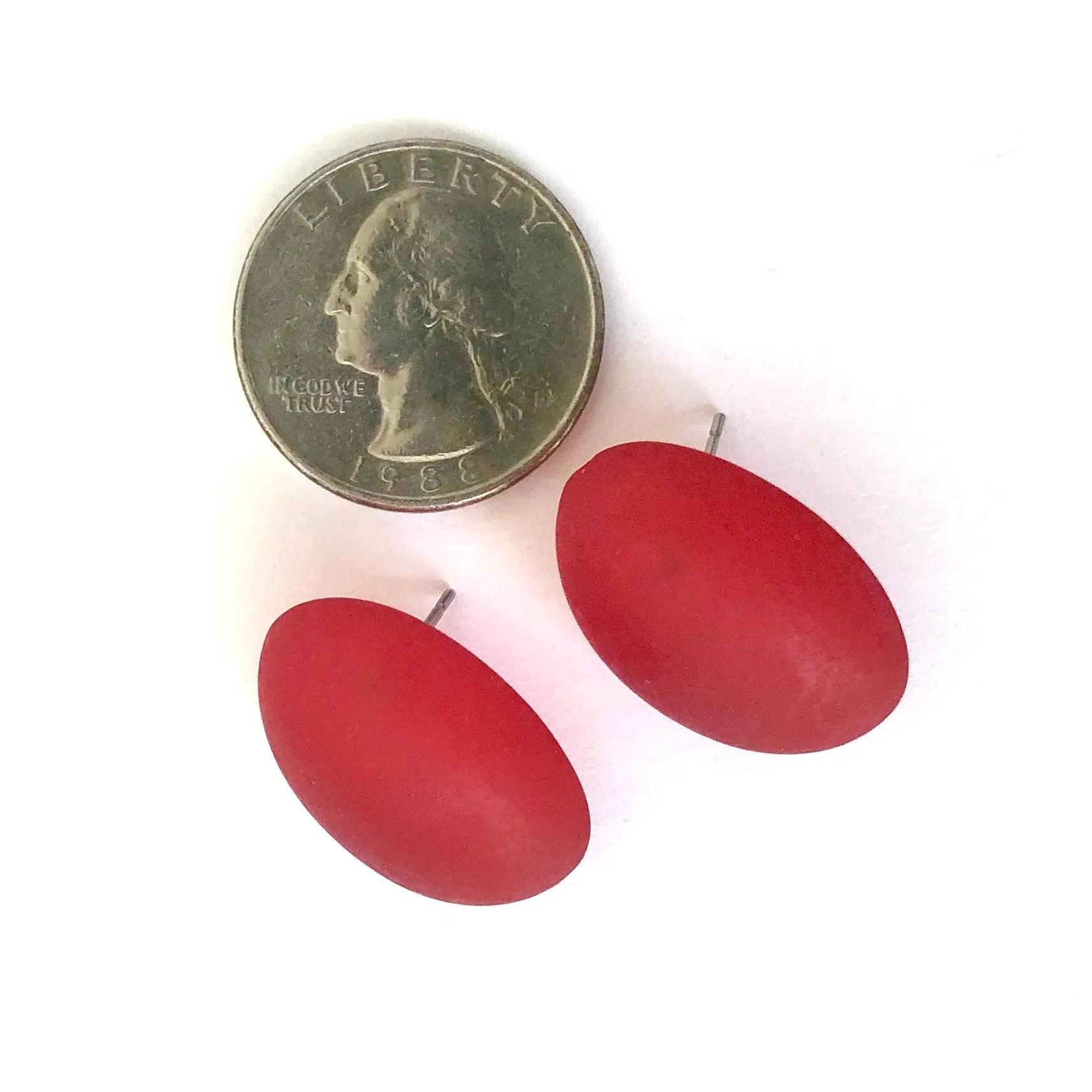 Cherry Red Frosted Oval Retro Button Stud Earrings