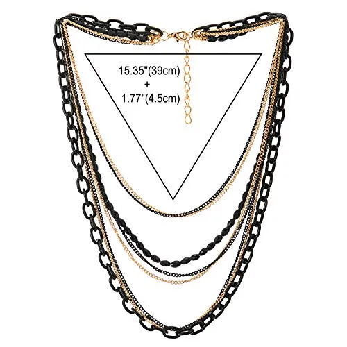 Choker Collar Statement Necklace Waterfall Multi-Strand Black Gold Chains with Gem Stone Bead String