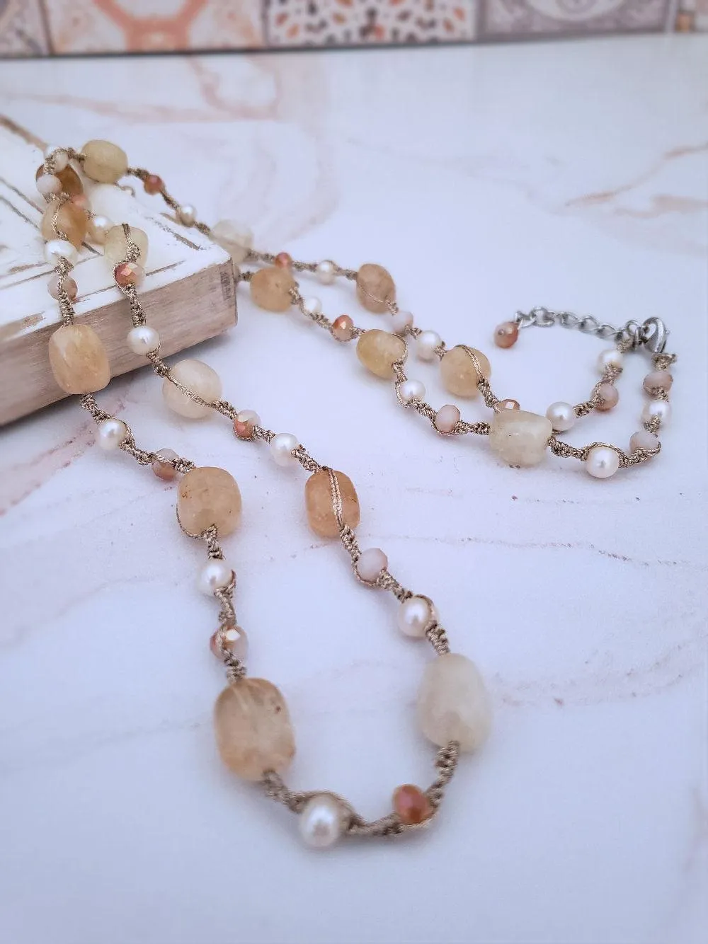 Citrine Necklace - Macrame with Pearls