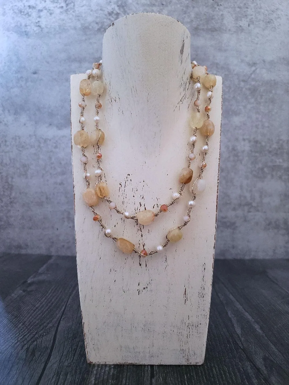 Citrine Necklace - Macrame with Pearls