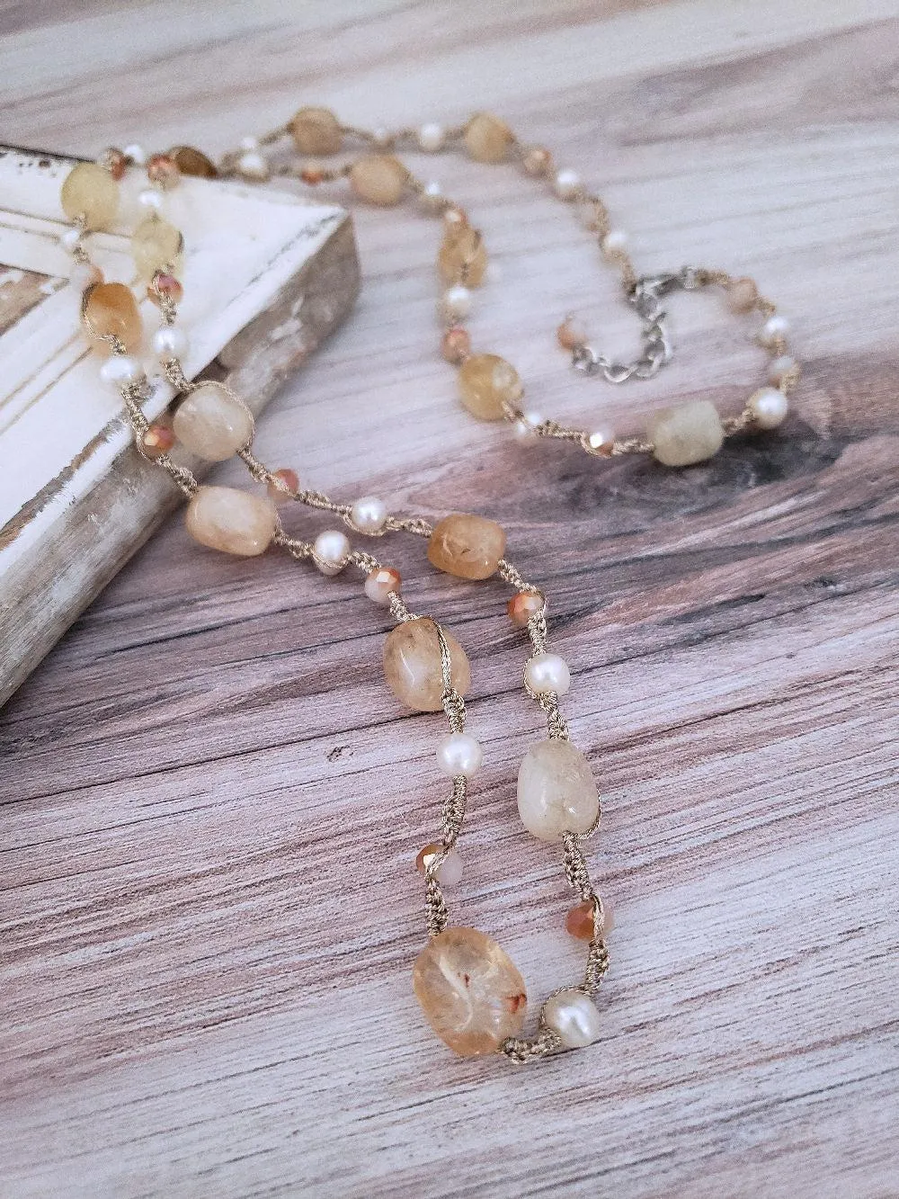 Citrine Necklace - Macrame with Pearls