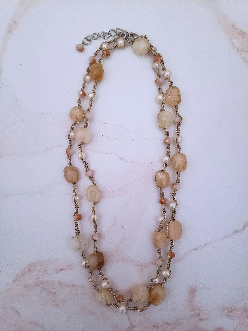 Citrine Necklace - Macrame with Pearls