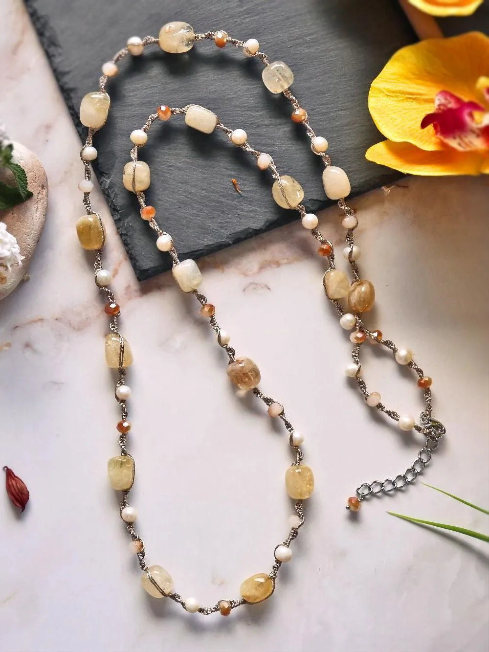 Citrine Necklace - Macrame with Pearls