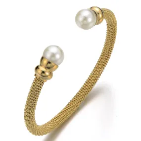 Classic Ladies Stainless Steel Bangle Bracelet with Synthetic White Pearl