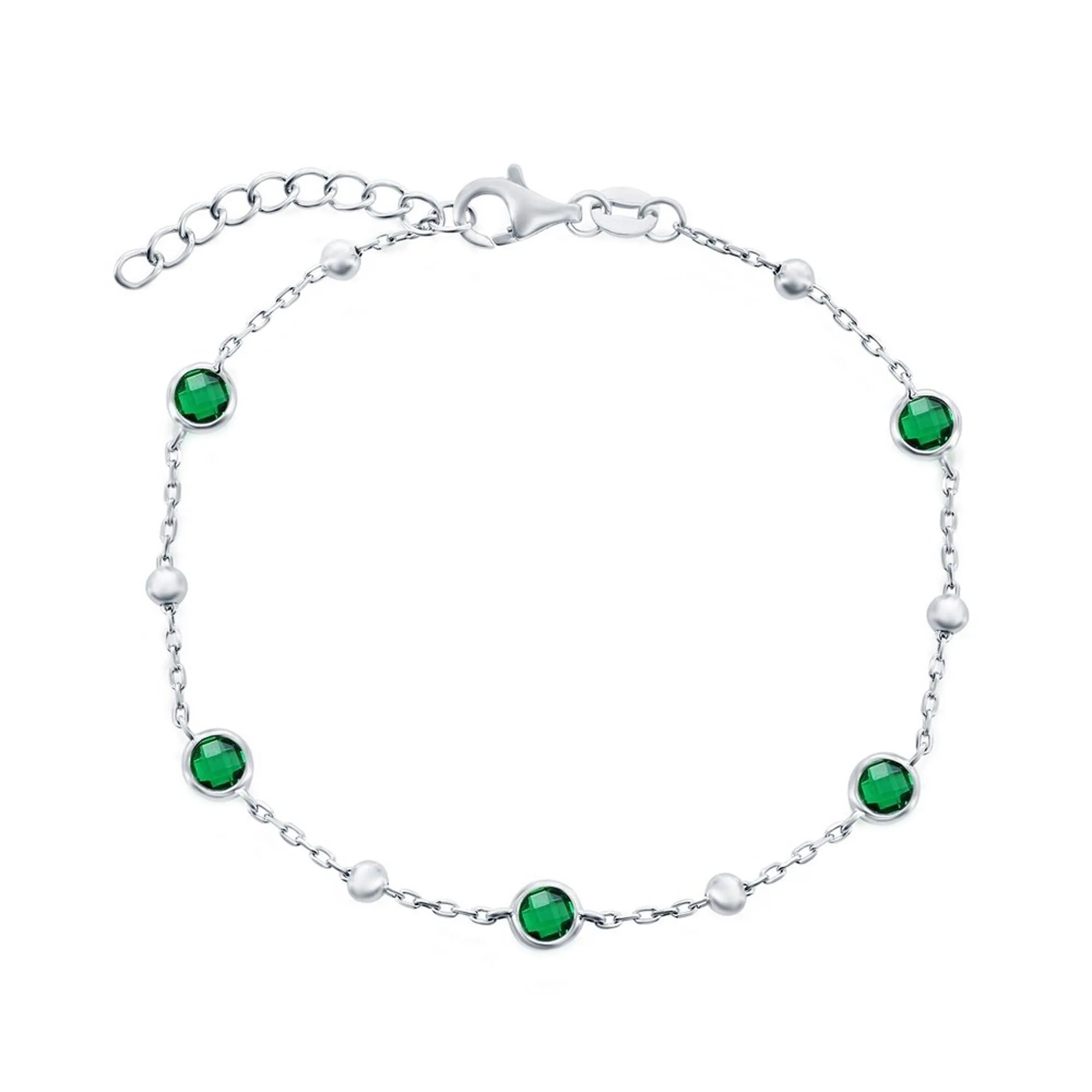 Classic Women's Bracelet - Sterling Silver Bezel-Set Emerald CZ and Beads | T-8083