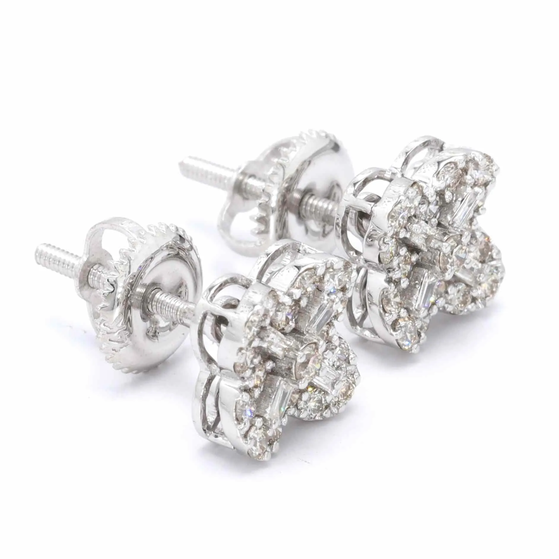 Clover Concave Baguette Diamond Earrings Solid 14K Gold